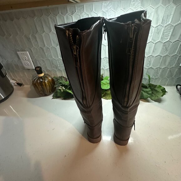 Brown Knee-High Boots With Buckle & Side Zipper - Picture 12 of 12